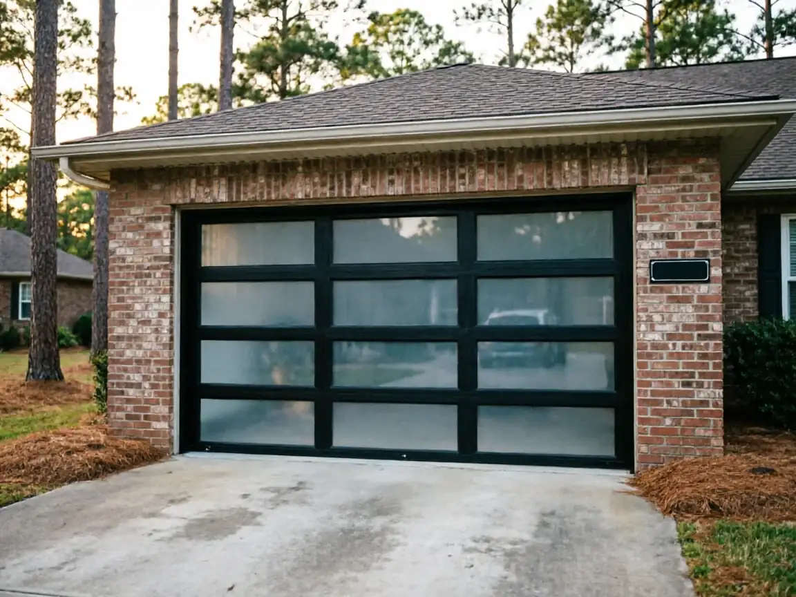A modern black garage door with frosted glass panels on a brick house.