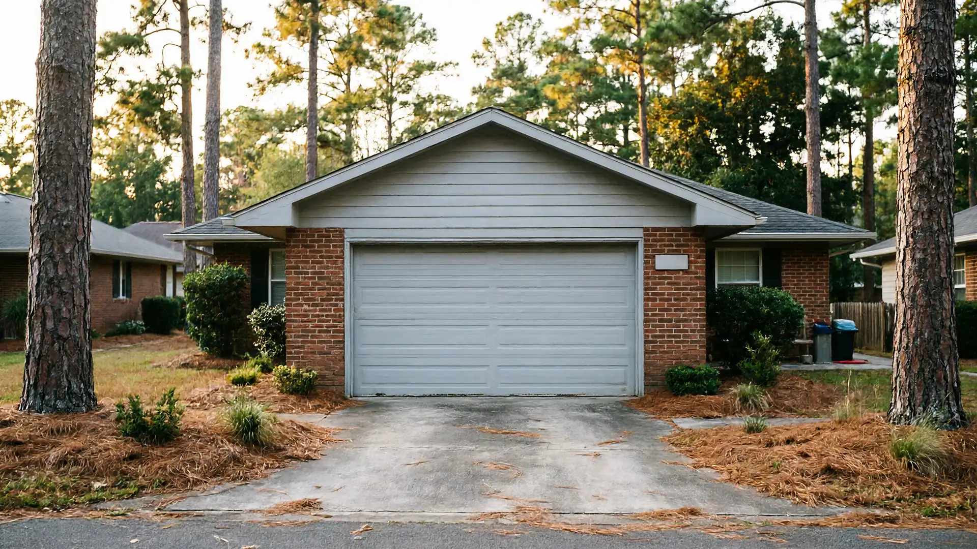 The house has a light gray garage door, brick walls, and a gray gable.