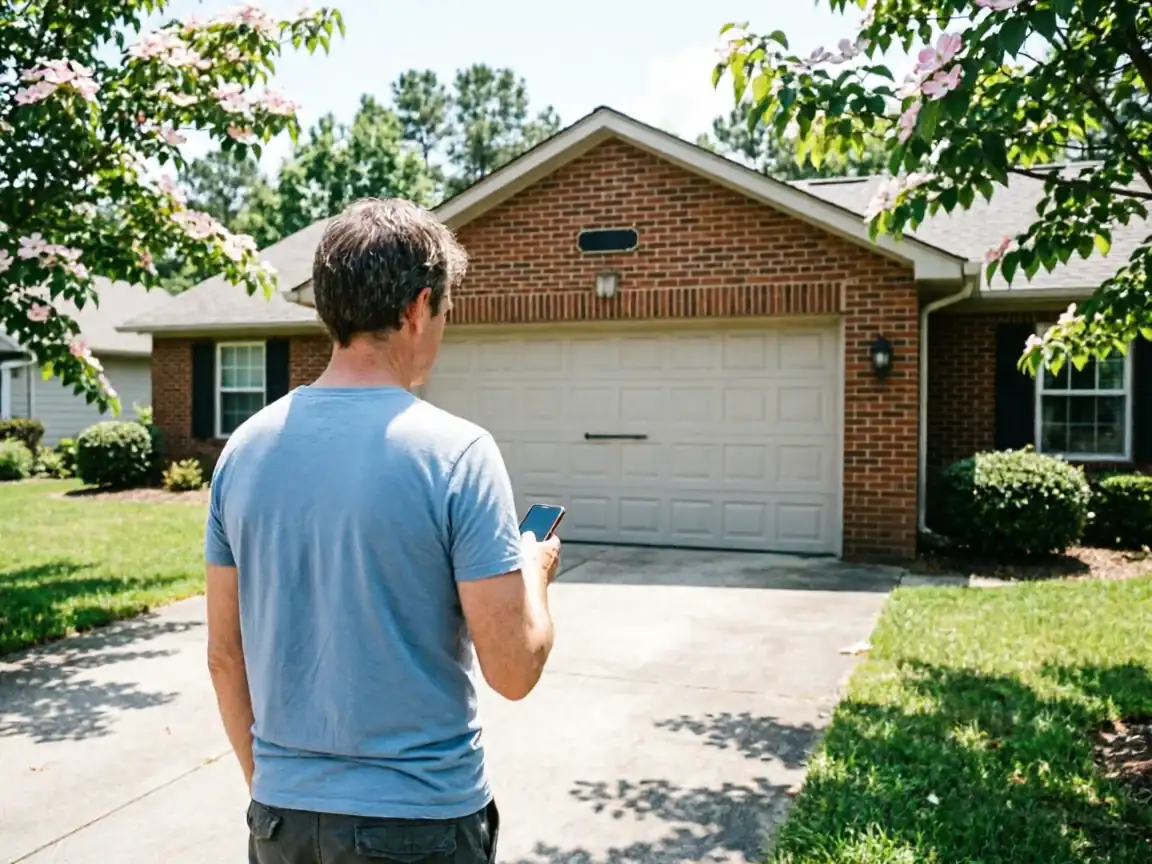A man stands in a driveway holding a phone, facing a house with a garage door.