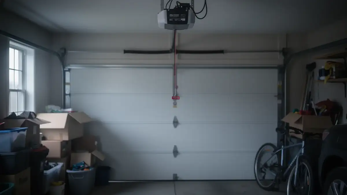 The garage door is closed, with an opener and torsion springs visible above it.